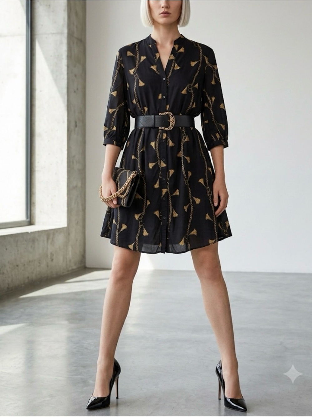 107. H&M Black Mini Dress with Gold Leaf Print